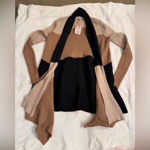 Philosophy Colorblock Open-Front Cardigan in Black, Tan & Cream
